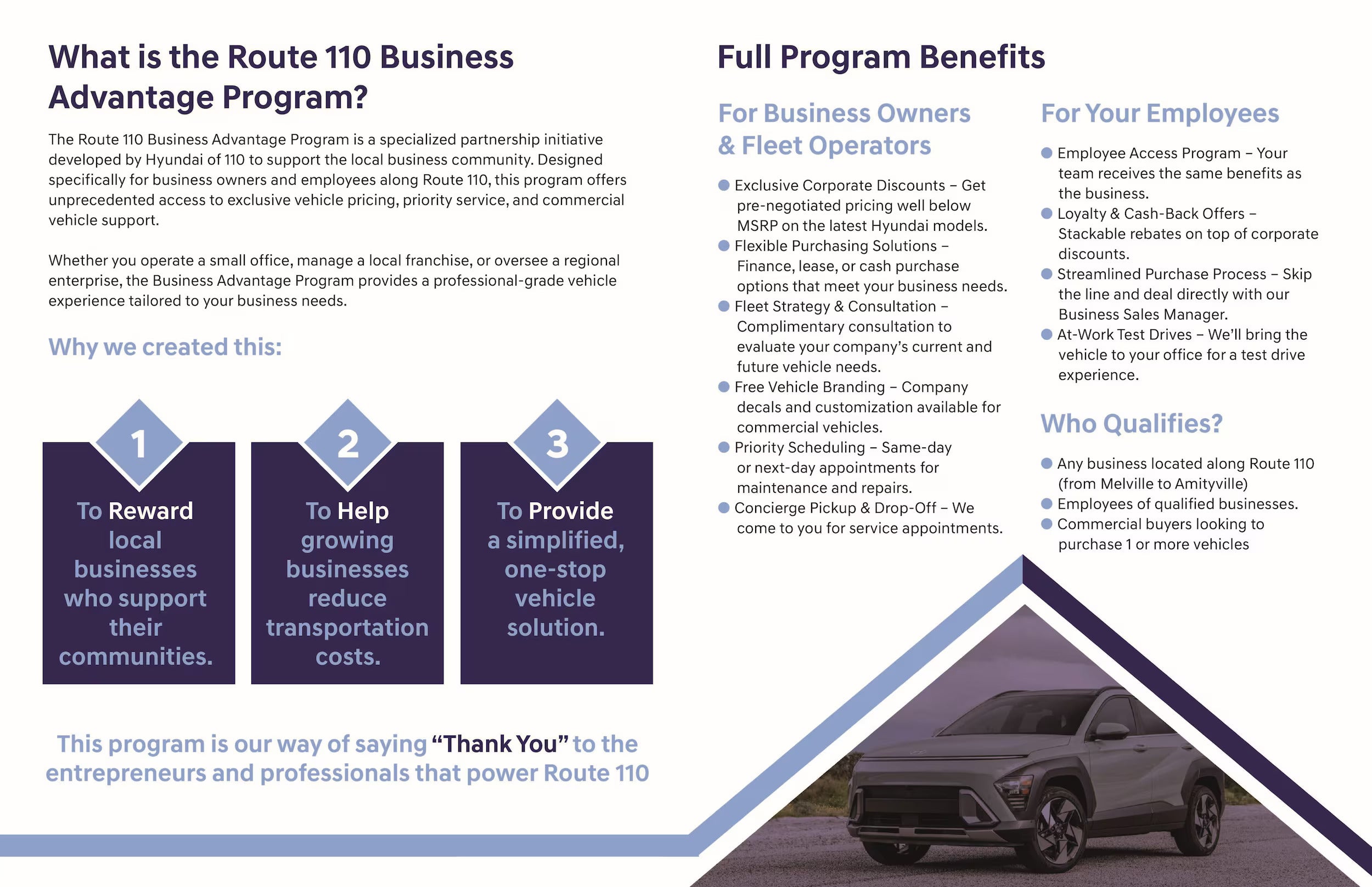 An explanation of the Route 110 Business Advantage Program and a list of full program benefits